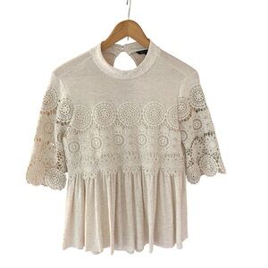 American Eagle Linen Blend Cottage Core Cream Crochet Overlay Keyhole Back Top